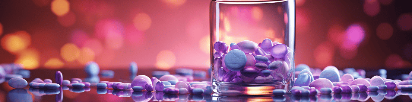 image of drug pills surrounding a glass of water symbolizing drug consumption
