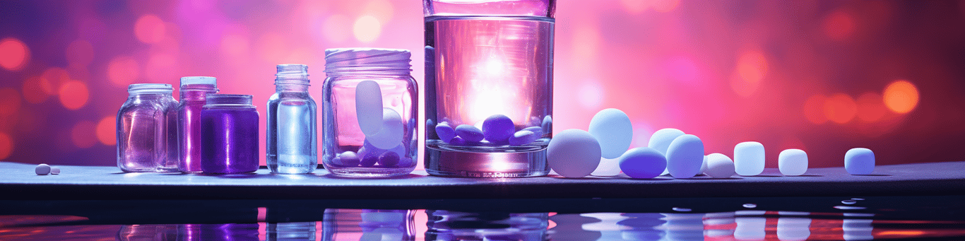 image of drug pills surrounding a glass of water symbolizing drug consumption