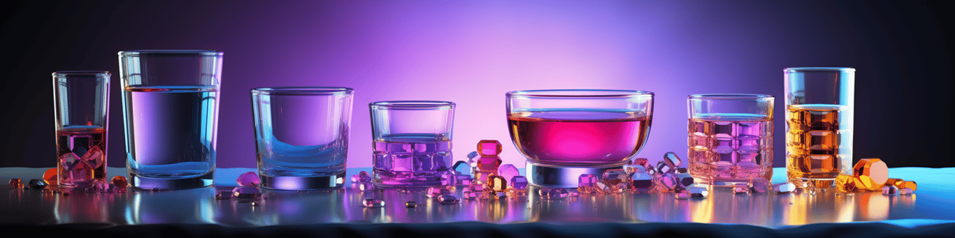image of drug pills surrounding a glass of water symbolizing drug consumption