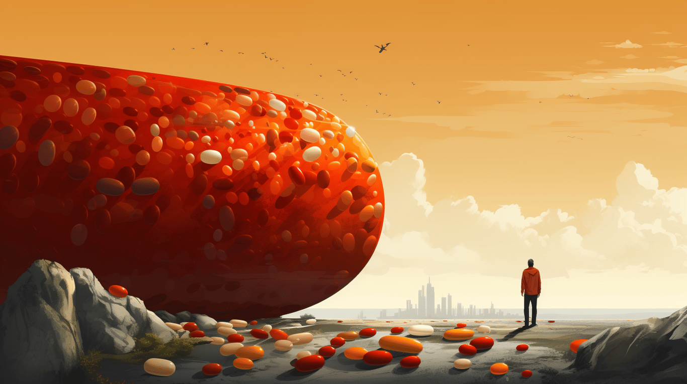 abstract image of a researcher studying a bottle of drug.