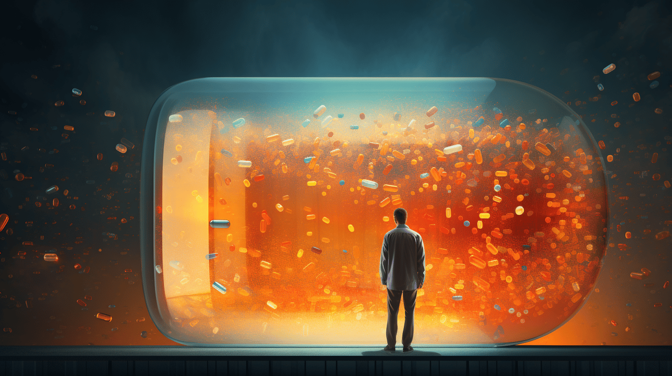 abstract image of a researcher studying a bottle of drug.