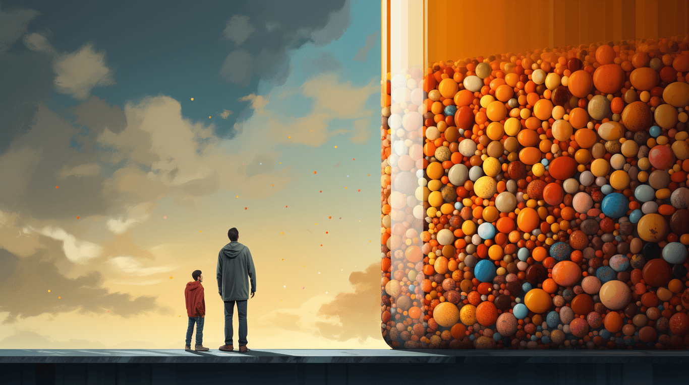 abstract image of a researcher studying a bottle of drug.