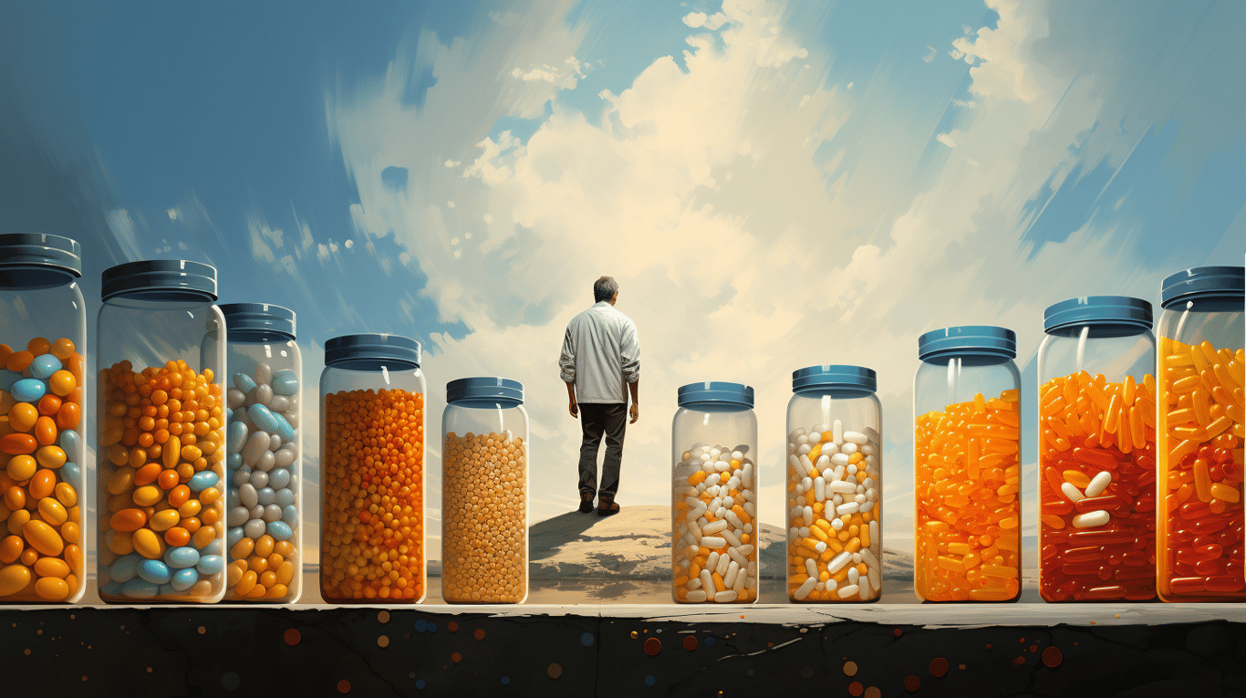 abstract image of a researcher studying a bottle of drug.