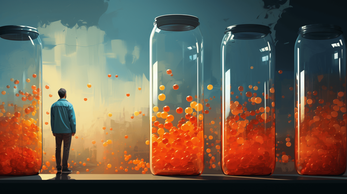 abstract image of a researcher studying a bottle of drug.