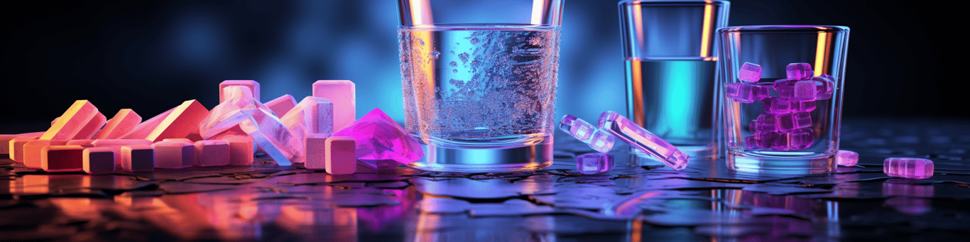 image of drug pills surrounding a glass of water symbolizing drug consumption