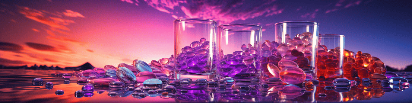 image of drug pills surrounding a glass of water symbolizing drug consumption