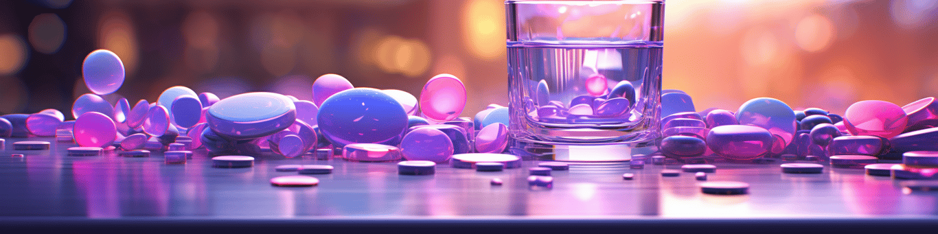 image of drug pills surrounding a glass of water symbolizing drug consumption