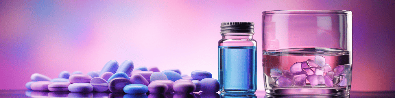 image of drug pills surrounding a glass of water symbolizing drug consumption