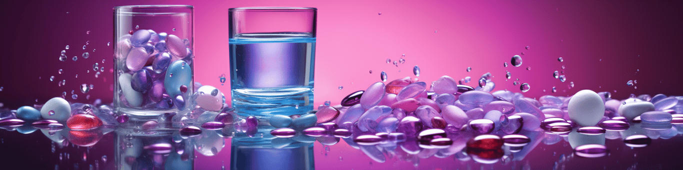 image of drug pills surrounding a glass of water symbolizing drug consumption