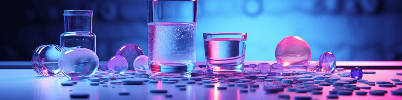 image of drug pills surrounding a glass of water symbolizing drug consumption