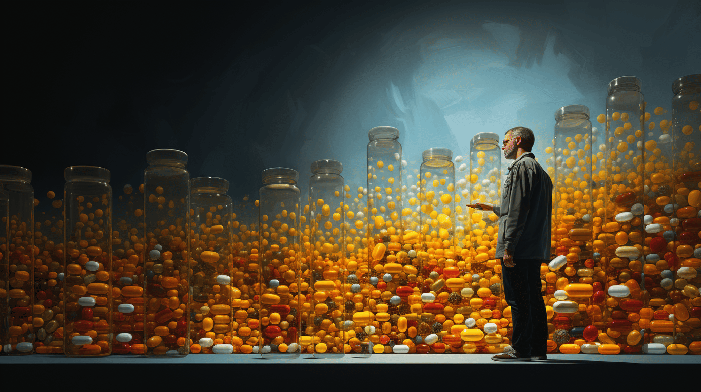 abstract image of a researcher studying a bottle of drug.