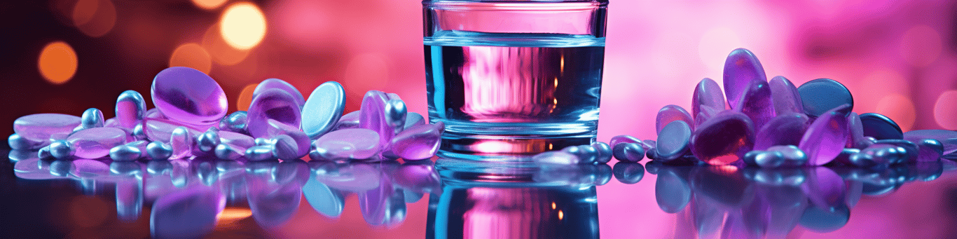 image of drug pills surrounding a glass of water symbolizing drug consumption