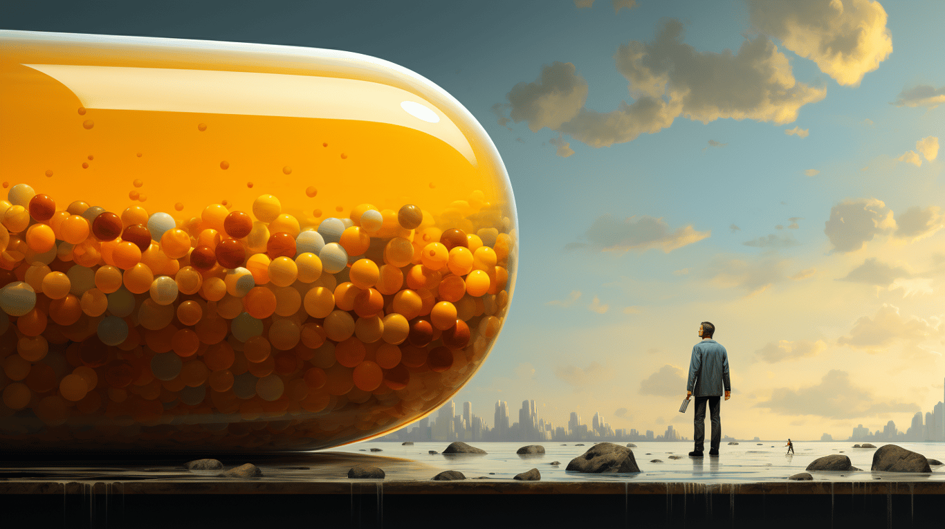 abstract image of a researcher studying a bottle of drug.