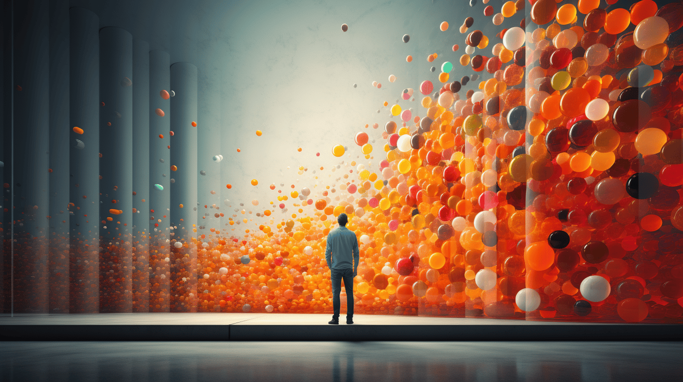 abstract image of a researcher studying a bottle of drug.