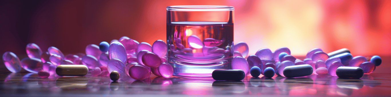 image of drug pills surrounding a glass of water symbolizing drug consumption