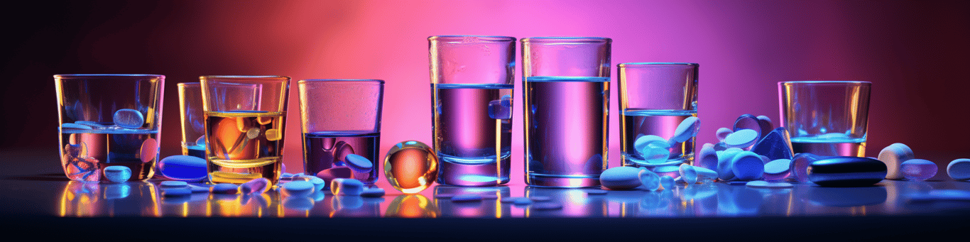 image of drug pills surrounding a glass of water symbolizing drug consumption