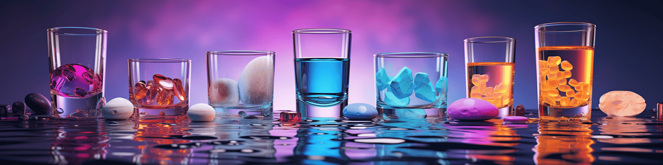 image of drug pills surrounding a glass of water symbolizing drug consumption