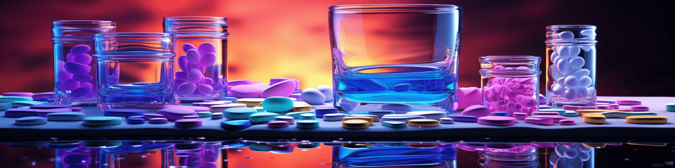 image of drug pills surrounding a glass of water symbolizing drug consumption