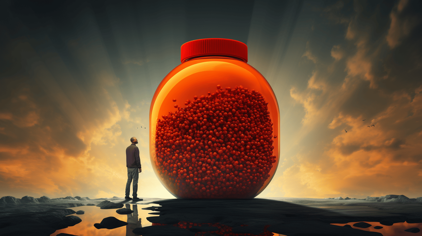 abstract image of a researcher studying a bottle of drug.
