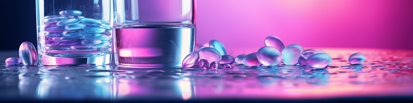 image of drug pills surrounding a glass of water symbolizing drug consumption
