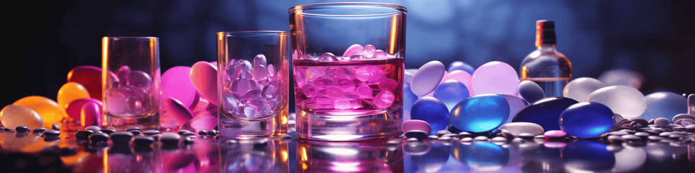 image of drug pills surrounding a glass of water symbolizing drug consumption