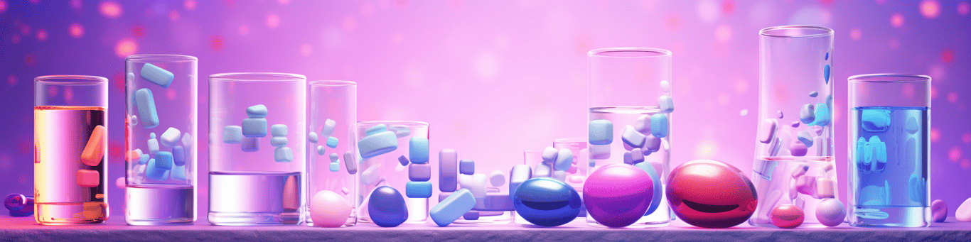 image of drug pills surrounding a glass of water symbolizing drug consumption