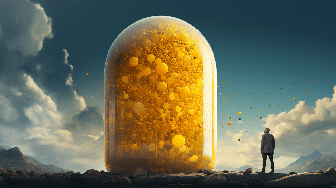 abstract image of a researcher studying a bottle of drug.