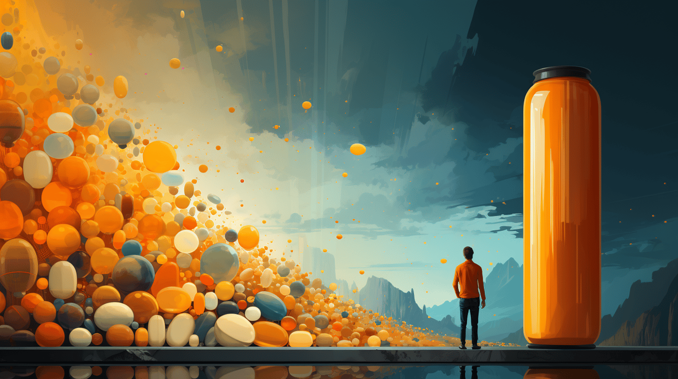 abstract image of a researcher studying a bottle of drug.