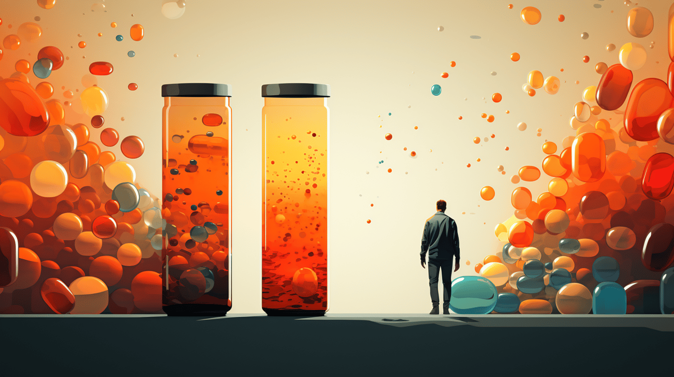 abstract image of a researcher studying a bottle of drug.