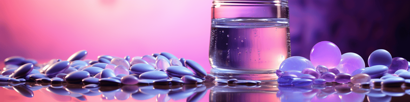 image of drug pills surrounding a glass of water symbolizing drug consumption