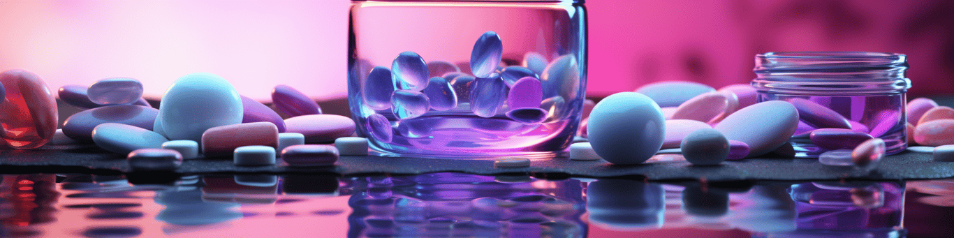 image of drug pills surrounding a glass of water symbolizing drug consumption