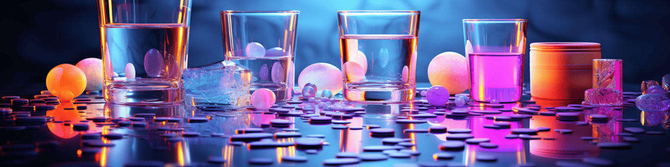 image of drug pills surrounding a glass of water symbolizing drug consumption