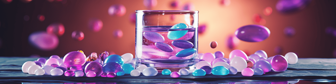 image of drug pills surrounding a glass of water symbolizing drug consumption