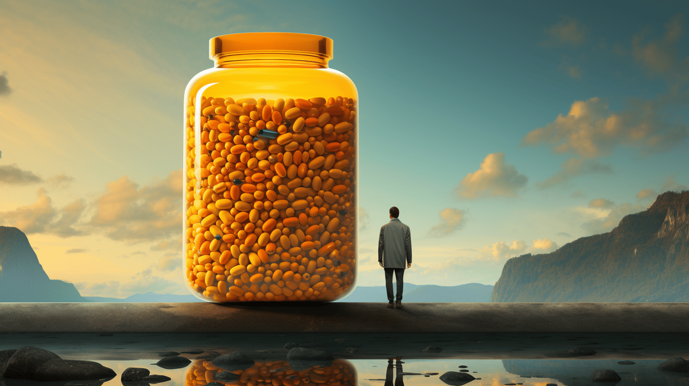 abstract image of a researcher studying a bottle of drug.