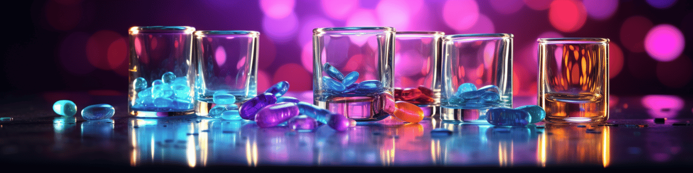 image of drug pills surrounding a glass of water symbolizing drug consumption