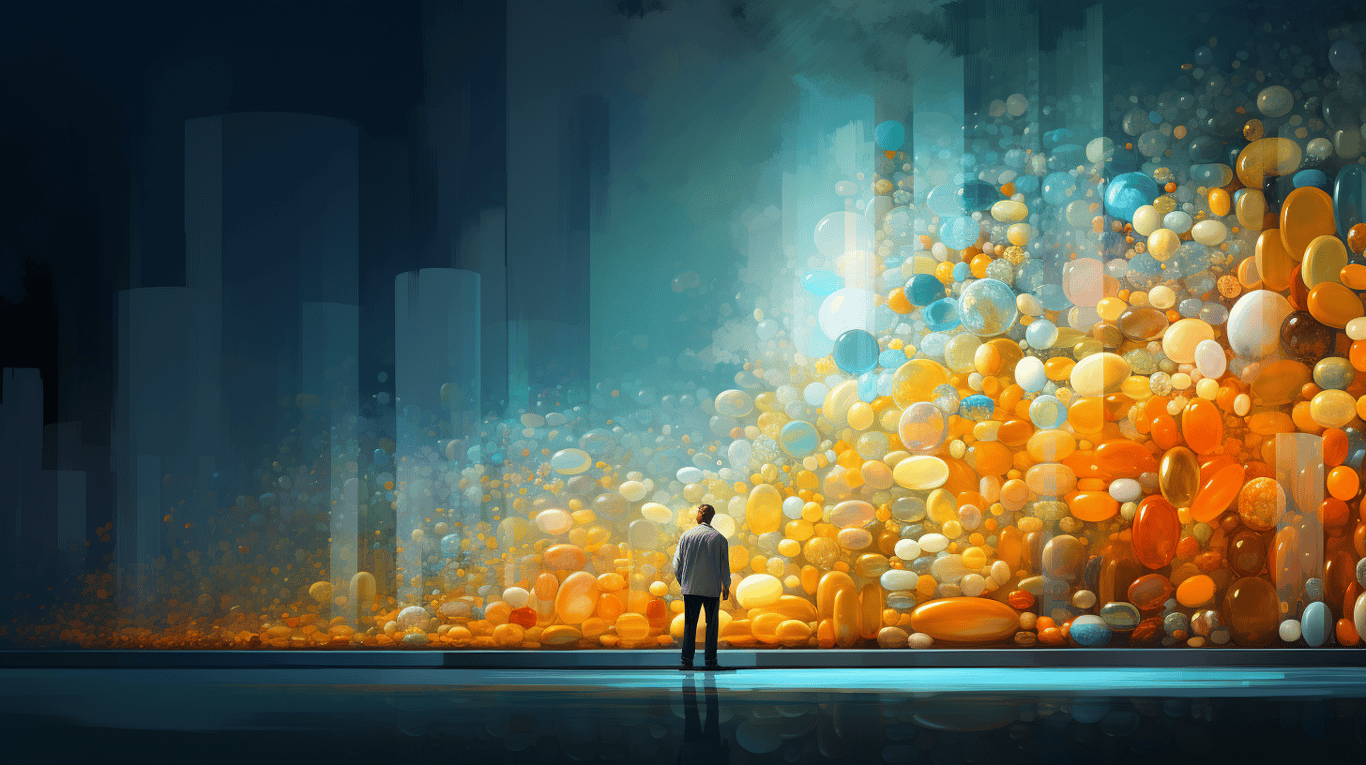 abstract image of a researcher studying a bottle of drug.