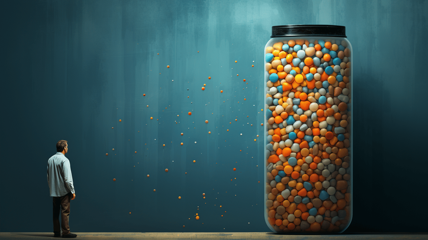 abstract image of a researcher studying a bottle of drug.