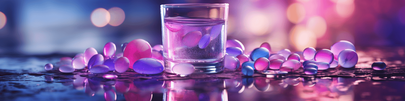 image of drug pills surrounding a glass of water symbolizing drug consumption