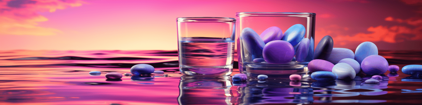 image of drug pills surrounding a glass of water symbolizing drug consumption