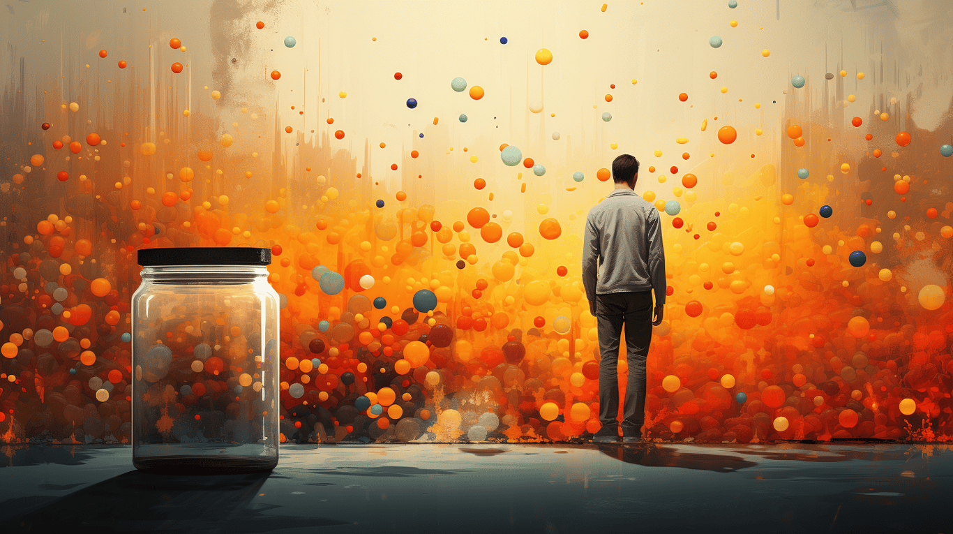 abstract image of a researcher studying a bottle of drug.