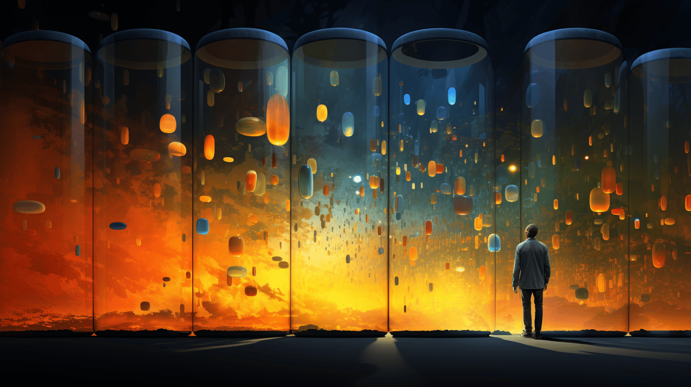 abstract image of a researcher studying a bottle of drug.