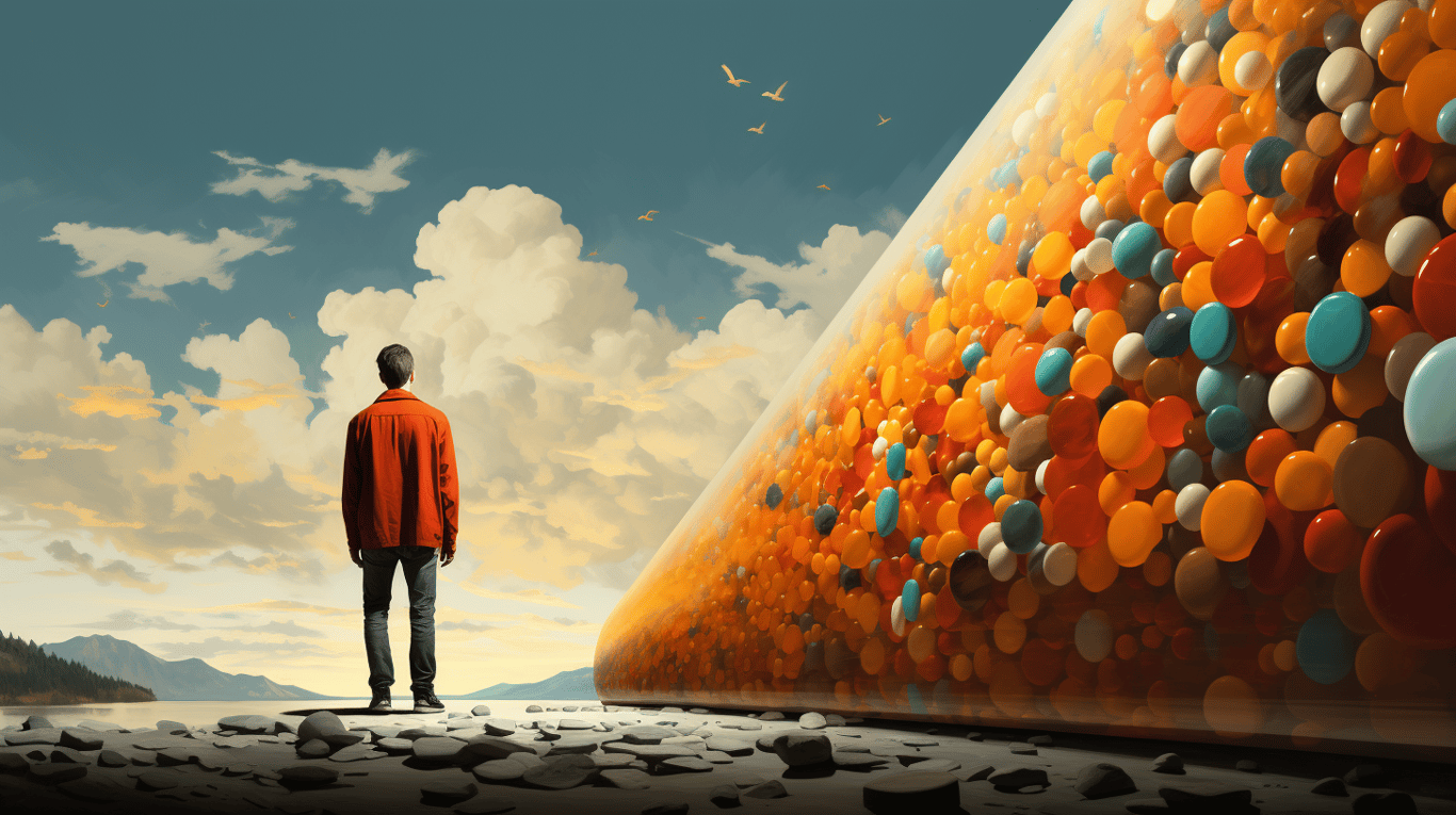 abstract image of a researcher studying a bottle of drug.