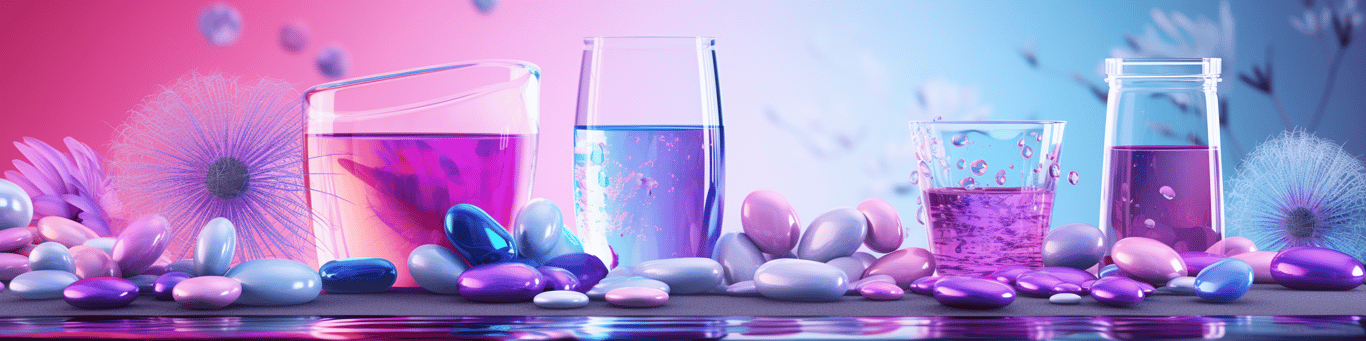 image of drug pills surrounding a glass of water symbolizing drug consumption