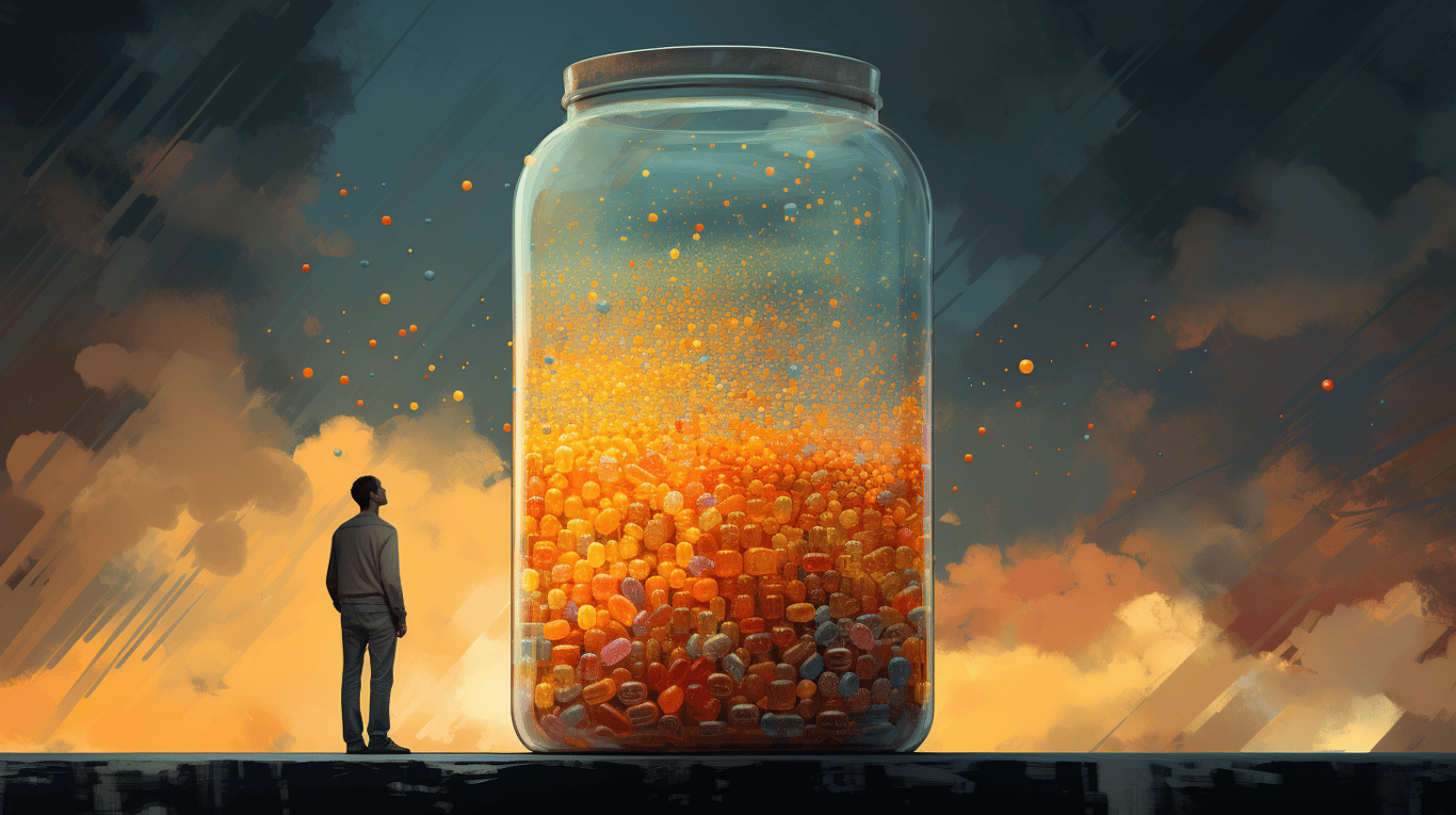 abstract image of a researcher studying a bottle of drug.