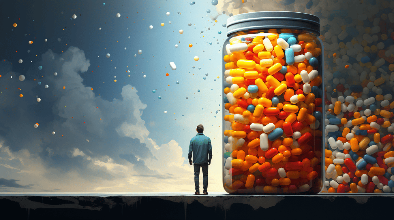 abstract image of a researcher studying a bottle of drug.