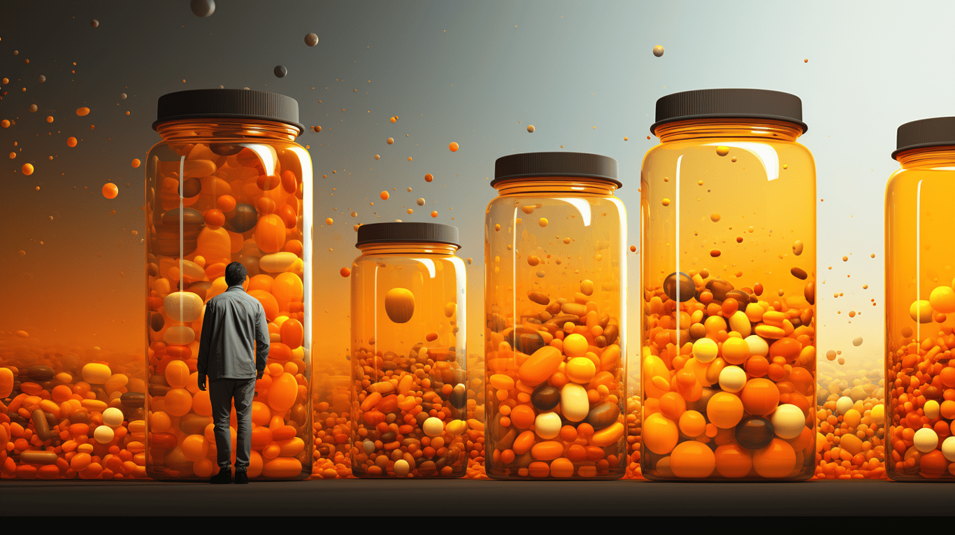 abstract image of a researcher studying a bottle of drug.
