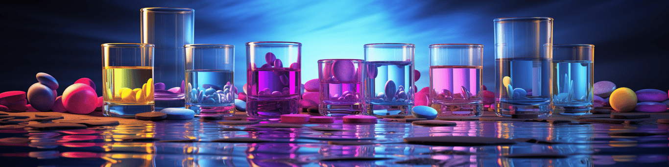 image of drug pills surrounding a glass of water symbolizing drug consumption