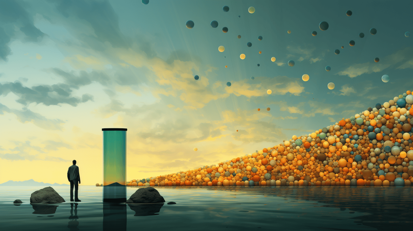 abstract image of a researcher studying a bottle of drug.