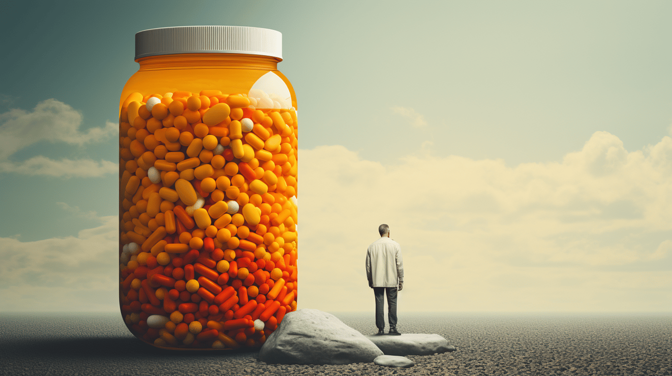 abstract image of a researcher studying a bottle of drug.