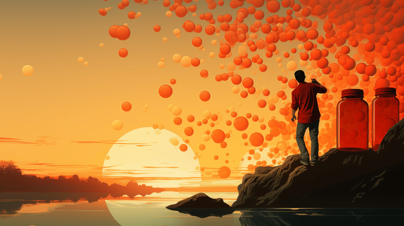 abstract image of a researcher studying a bottle of drug.